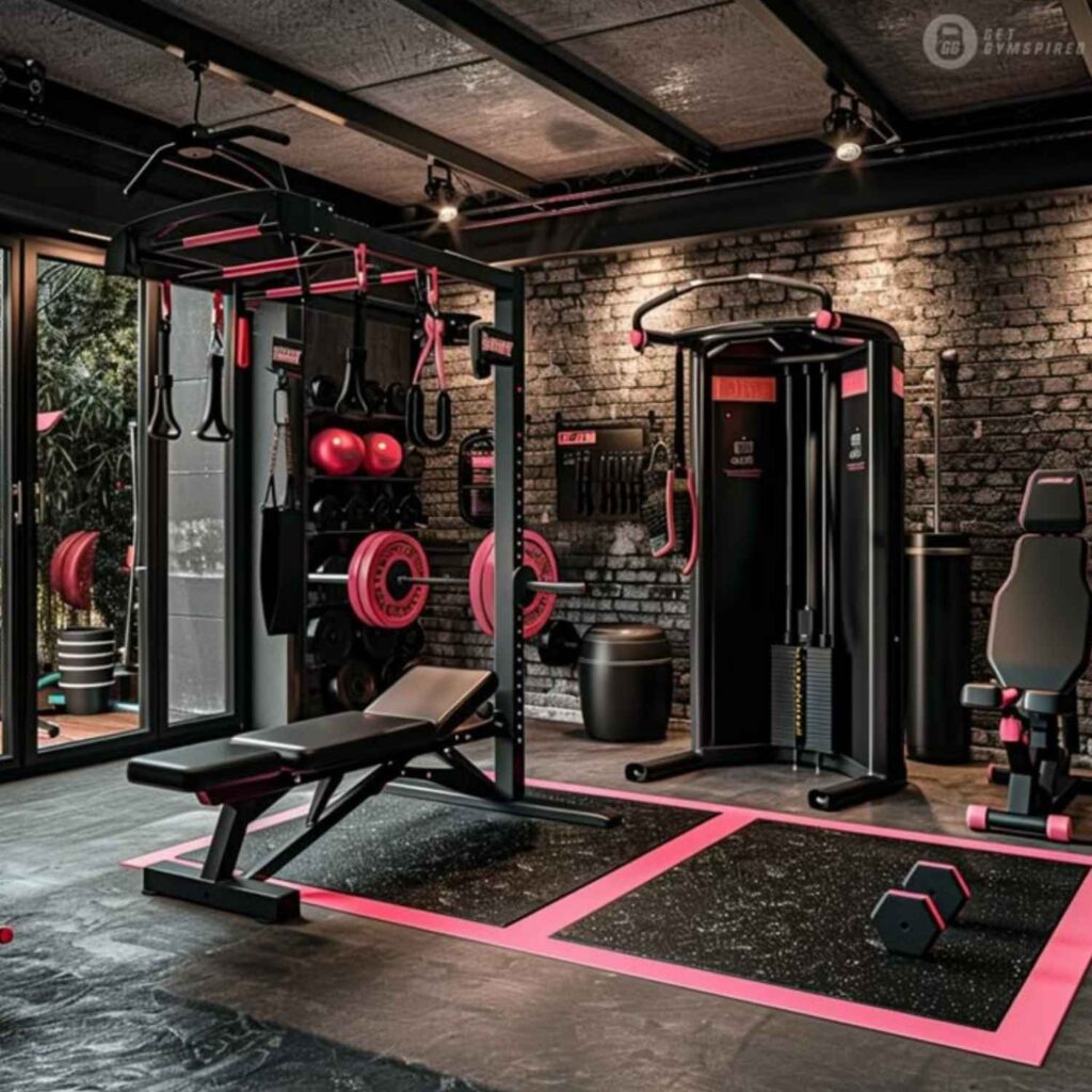 Compact fitness corner featuring modern exercise equipment, motivational wall art, and full-length mirror for home workouts.