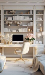 Stylish home office decor featuring a minimalist white desk, ergonomic chair, and vibrant green indoor plant, creating an inspiring workspace for women and beauty enthusiasts.