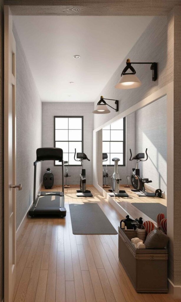 Modern home fitness sanctuary with feminine touches - featuring yoga corner, cardio zone, and beauty station.